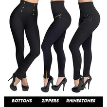 Load image into Gallery viewer, Leggings Pure Black High Waist Shaping Pants Micro Elastic Buttons Rhinestones Zippers 3styles Optional High Waist Leggings